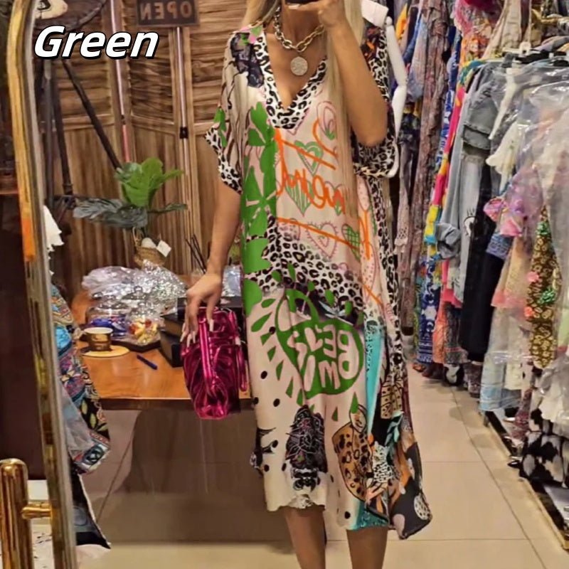 Ženska potiskana obleka s kratkimi rokavi in globokim V-izrezom-SI