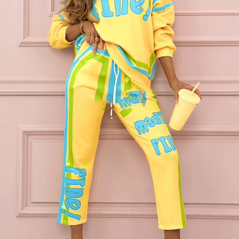 ✨Kolorowy damski komplet dresowy: bluza + joggery z nadrukiem