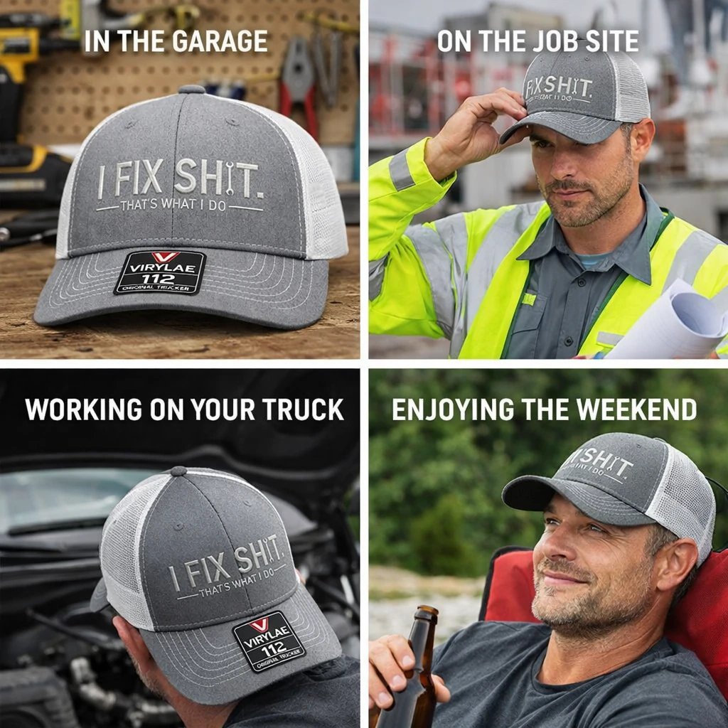 🛠️ Czapka truckerka „I Fix Shit” – zabawna czapka mechanika i naprawiacza
