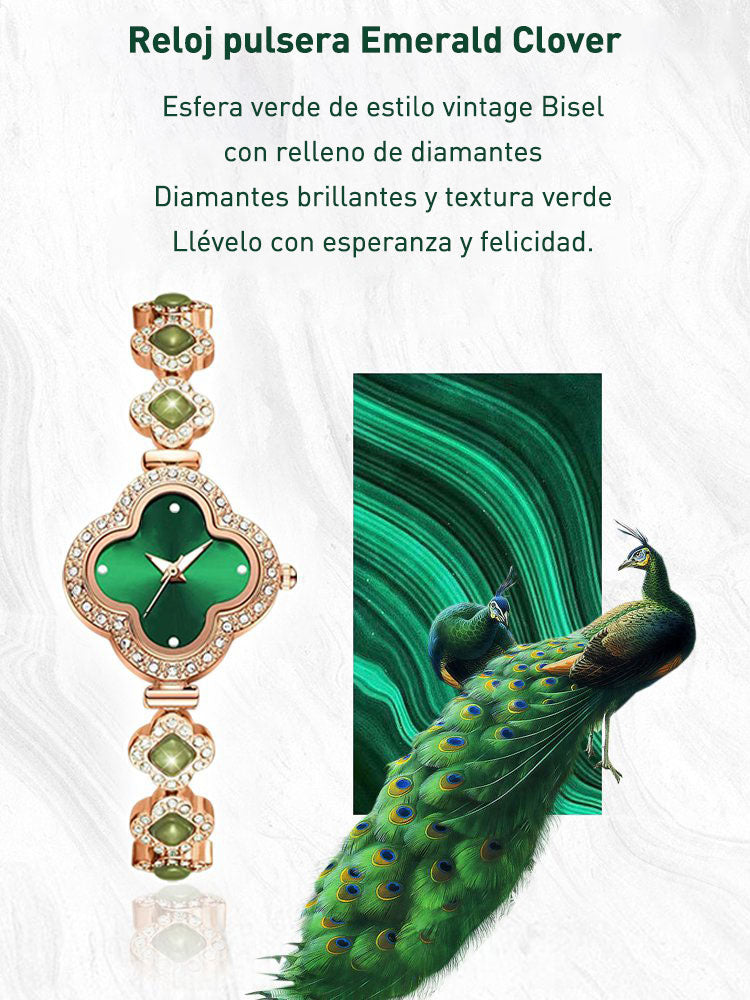 Reloj de esmeraldas con trébol para mujer.