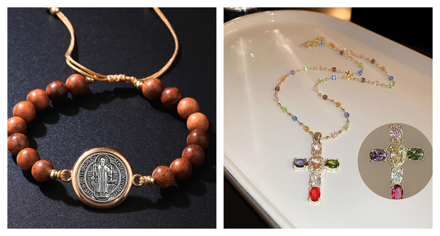 Unisex, regulowana bransoletka z koralików drewnianych ze Świętym Benedyktem