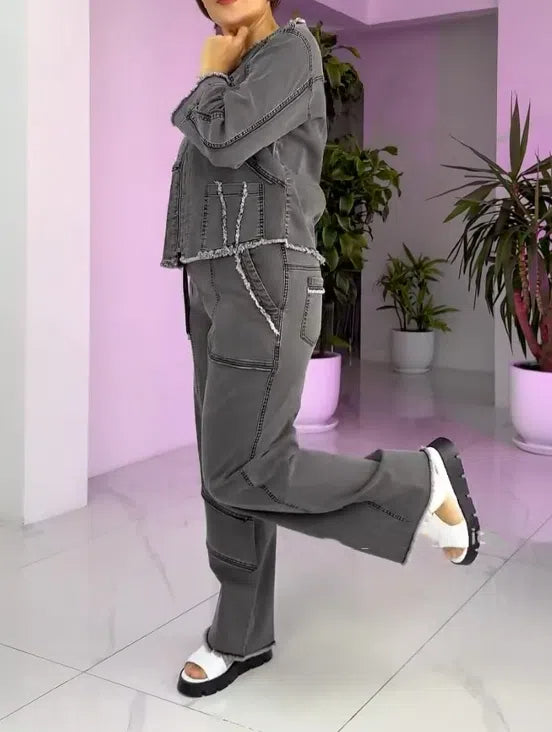 Γυναικείο vintage τζιν κοστούμι με φερμουάρ-GR
