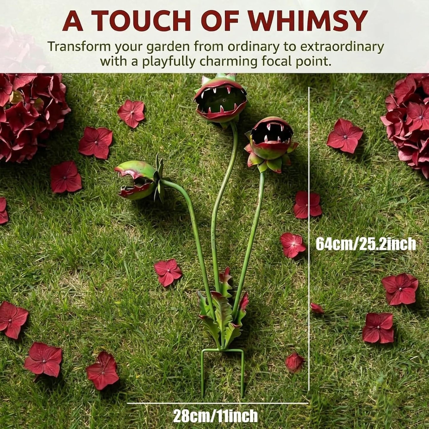 Fantazyjny metalowy palik ogrodowy w kształcie muchołówki – ręcznie robiony, owadożerny element dekoracyjny do ogrodu – wyjątkowy prezent ogrodniczy