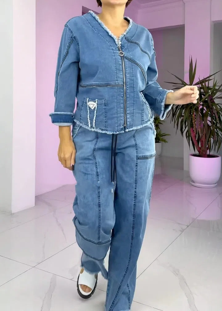 Traje vaquero vintage para mujer con cremallera-ES