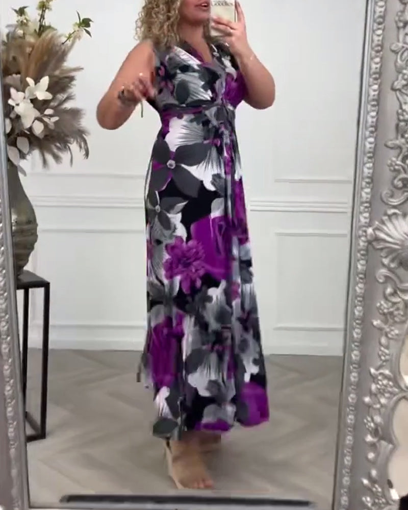 💗Vestido plisado con estampado floral elegante sin mangas.