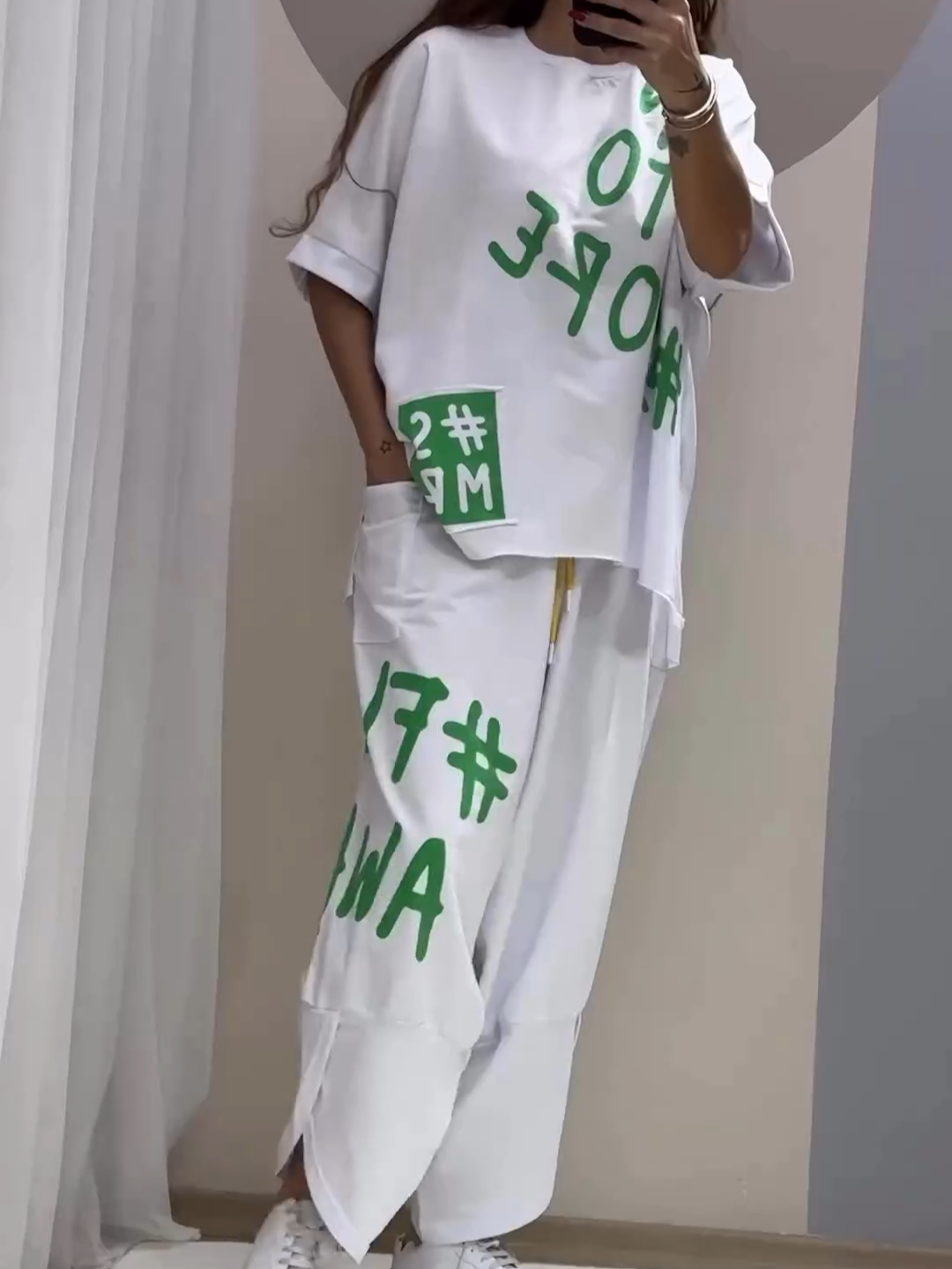 Traje casual estampado de dos piezas con escote redondo-ES