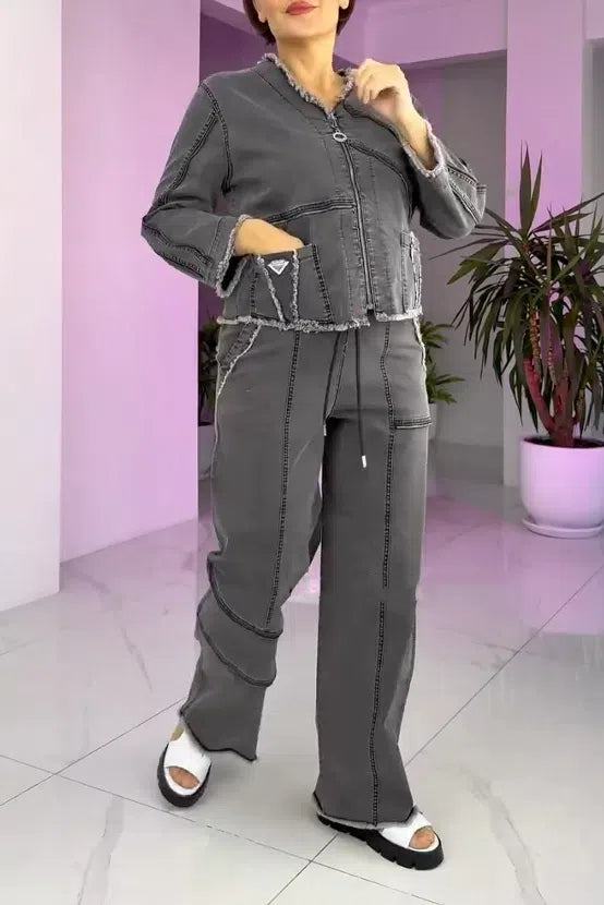 Γυναικείο vintage τζιν κοστούμι με φερμουάρ-GR