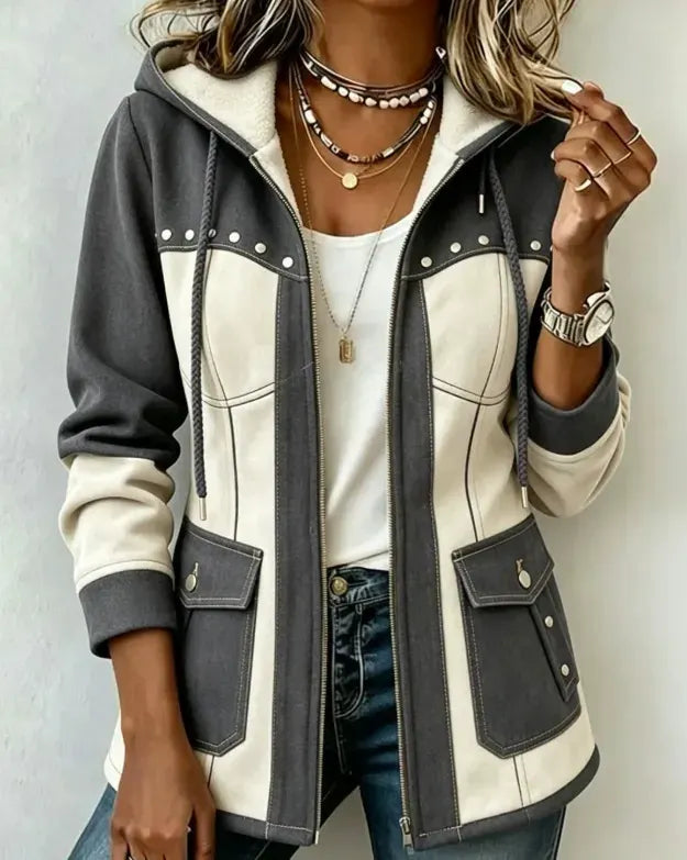 Elegancka kurtka z kapturem z denimu i zamszu