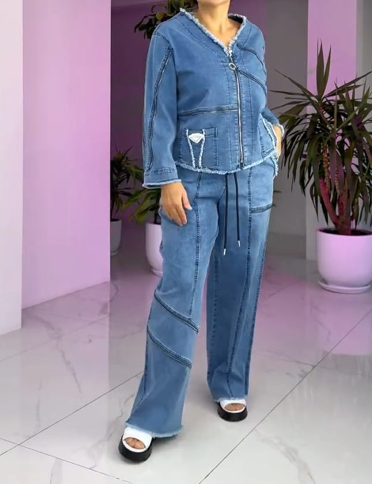 Γυναικείο vintage τζιν κοστούμι με φερμουάρ-GR
