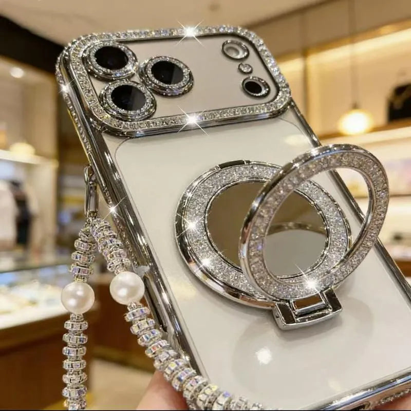 ✨💎Błyszczące diamentowe etui na telefon dla kobiet z lusterkiem i podstawką do iPhone'a 12/13/14/15/16/17 Pro Max, 17Air, 14/15/16 Plus💖