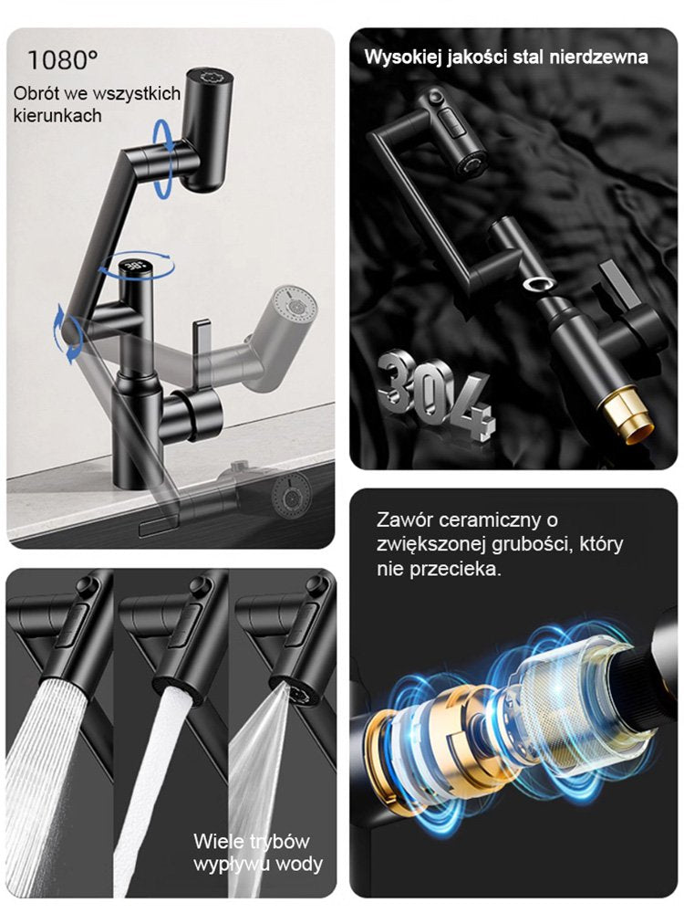 Nowo zmodernizowana obrotowa bateria ze stali nierdzewnej z ramieniem mechanicznym.