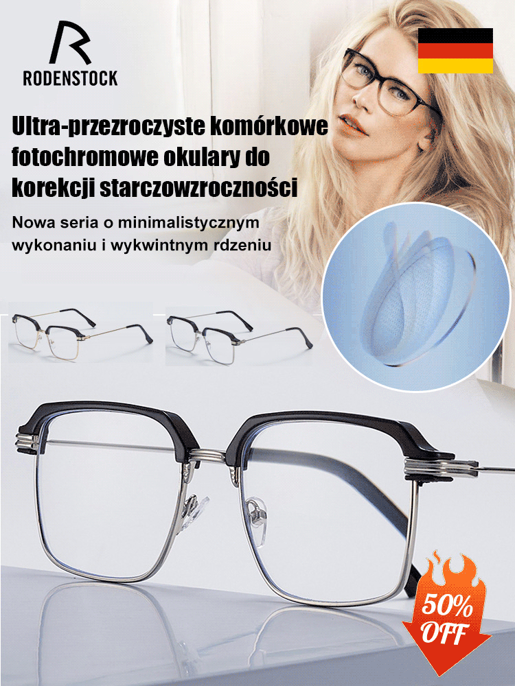 Niezwykle przejrzyste komórkowe fotochromowe okulary do prezbiopii