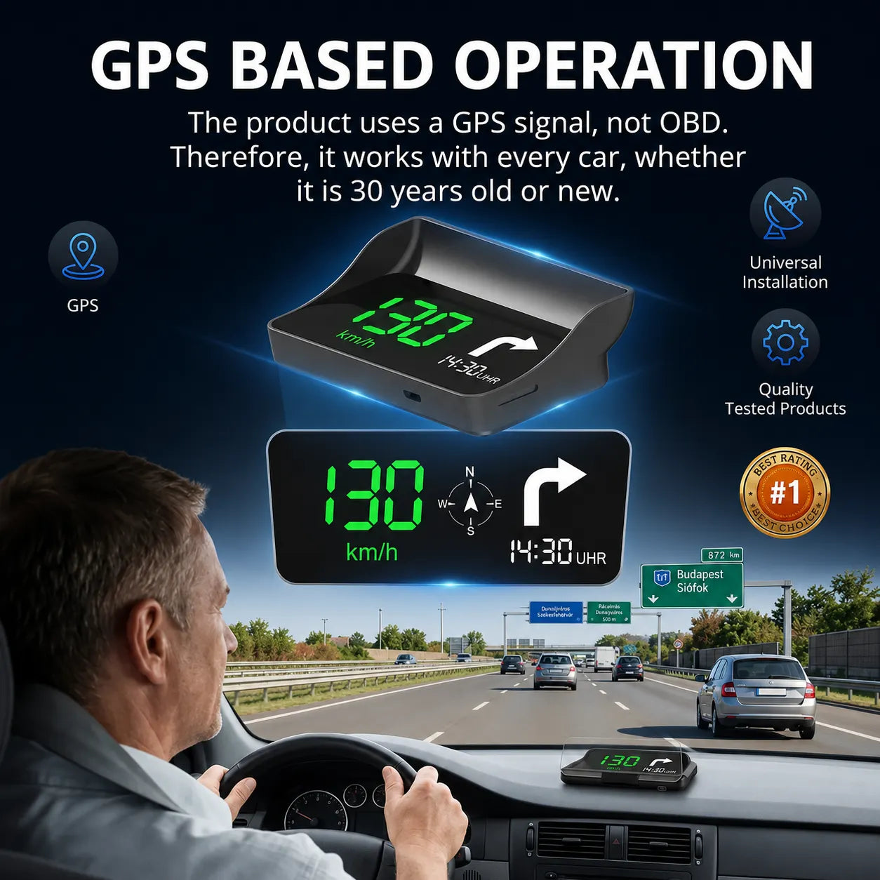 Cyfrowy prędkościomierz samochodowy z wyświetlaczem Head-Up Display (HUD) i nawigacją GPS