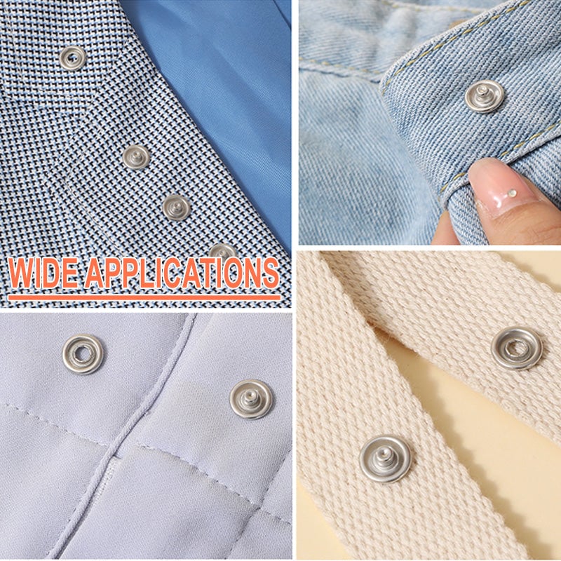 Metalowe guziki z zestawem narzędzi do mocowania