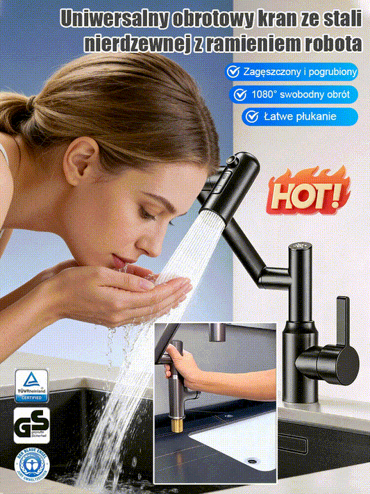 Nowo zmodernizowana obrotowa bateria ze stali nierdzewnej z ramieniem mechanicznym.