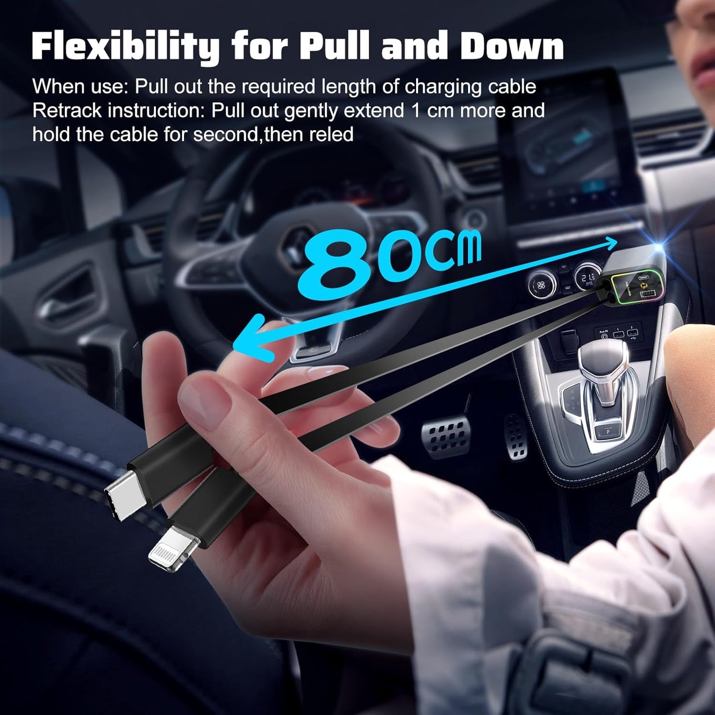 Νέο μοντέλο 2025 με ανασυρόμενο φορτιστή αυτοκινήτου Starlight 4 σε 1 για γρήγορο κινητό τηλέφωνο-GR