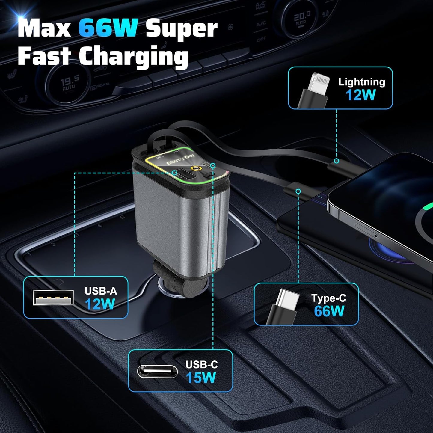 2025 m. naujas modelis su ištraukiamu „Starlight“ 4 viename automobiliniu greituoju mobiliojo telefono įkrovikliu-LT