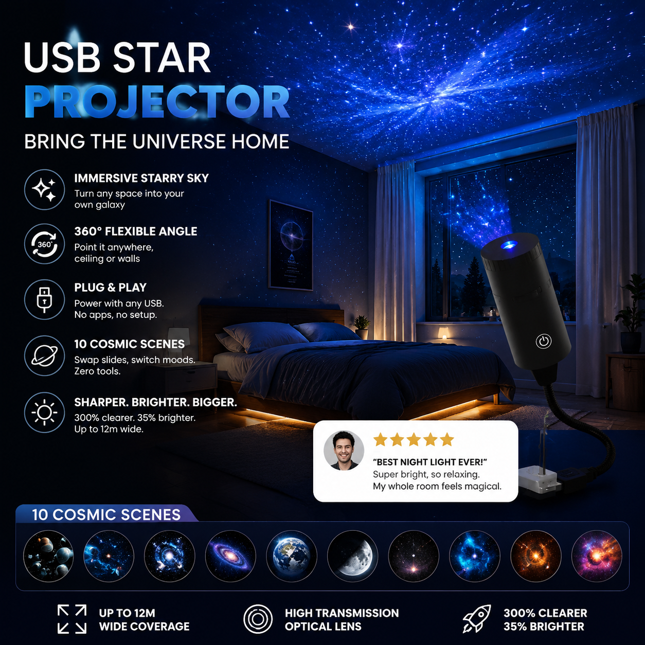 ✨ Zamień swój pokój w galaktykę – Projektor gwiazd HD plug‑and‑play z 10 kosmicznymi slajdami – Za pobraniem 🌌