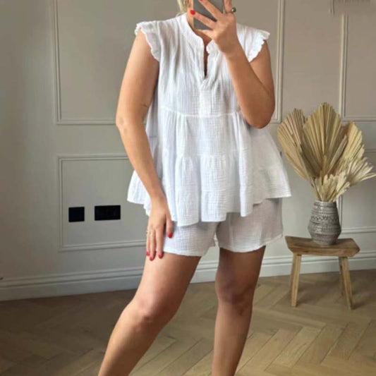 💗Conjunto de mujer de short y top de estopilla con volantes