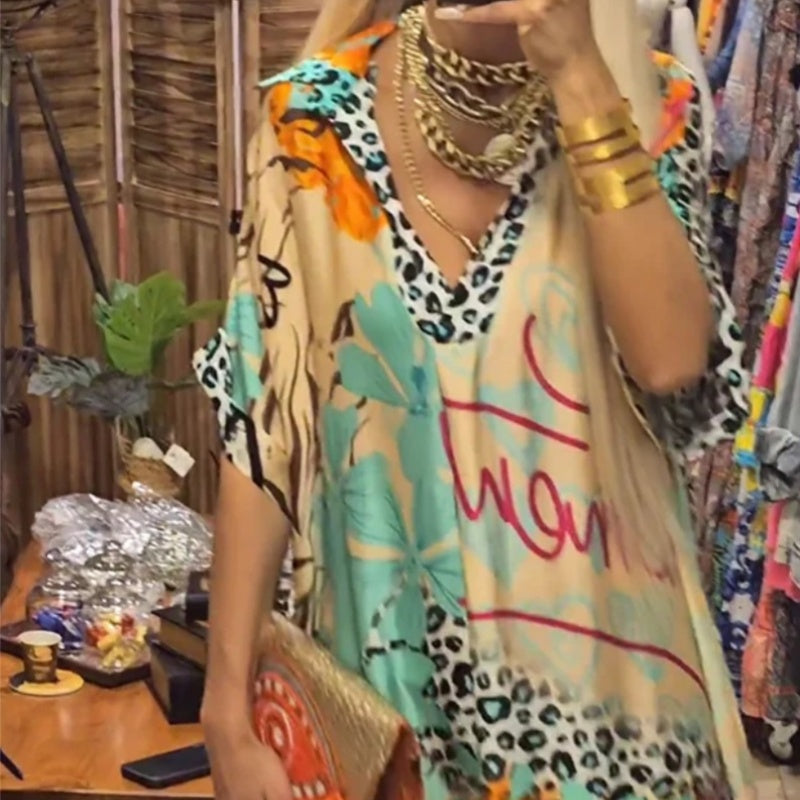 Ženska potiskana obleka s kratkimi rokavi in globokim V-izrezom-SI