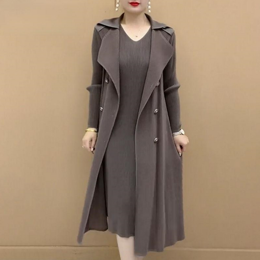 Madingas Plisuotas kostiumas Dirbtinė apykakle dviejų dalių Trench Coat-GR