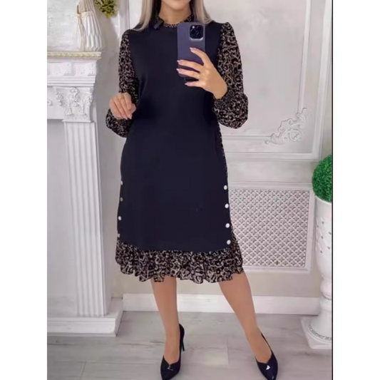 👗[S-3XL] Patchworkové šaty s dlhým rukávom s leopardím vzorom na jeseň/zimu-GR