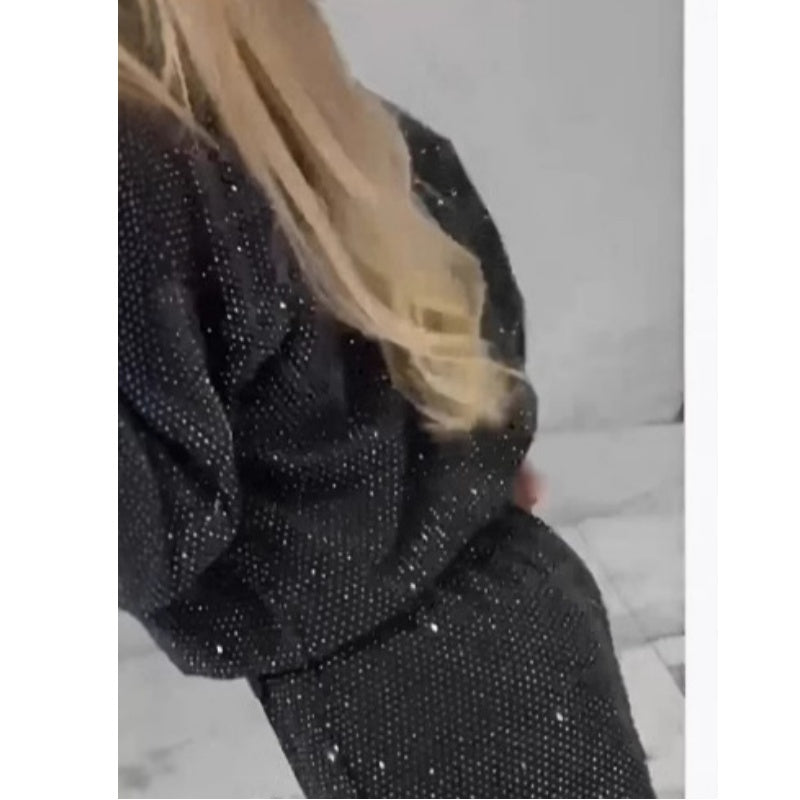 ✨Dwuczęściowy komplet z cekinową górą i spodniami z szerokimi nogawkami