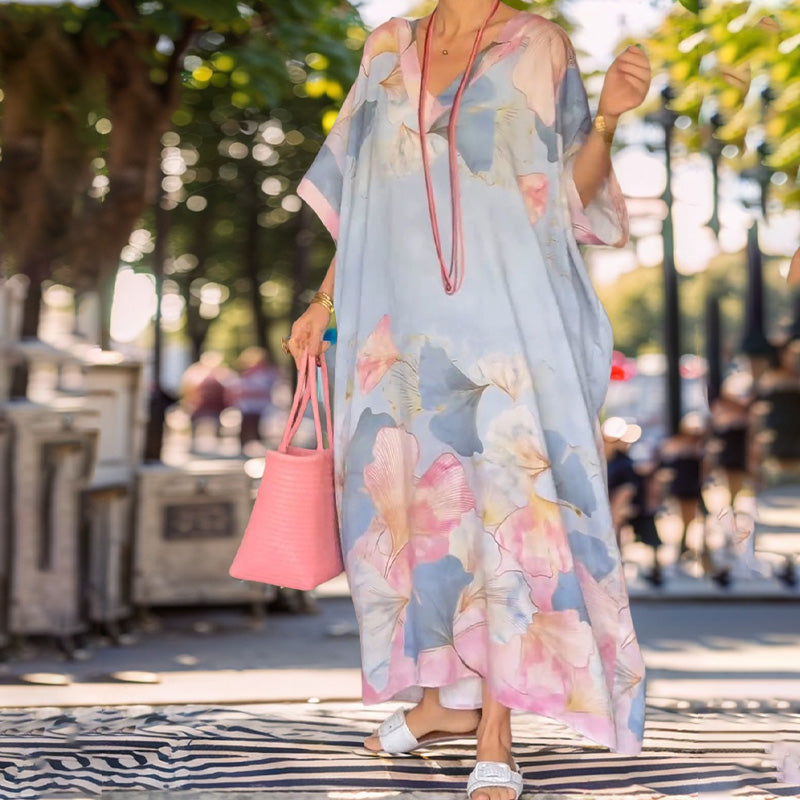 Floral print Μισό μανίκι Φαρδύ Maxi Φόρεμα.-GR