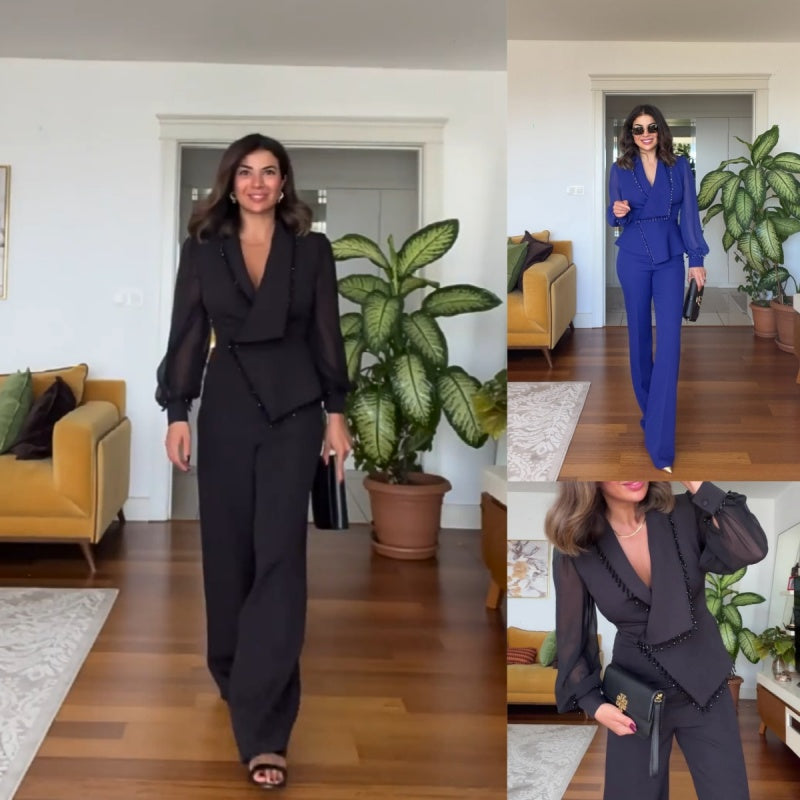 Moteriškų tinklinių plačių kelnių ir kelnių rinkinys-LT