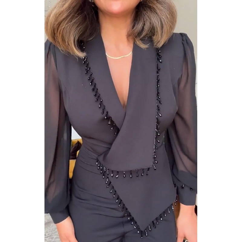 Conjunto de pantalón y pantalón de malla de pierna ancha para mujer-ES