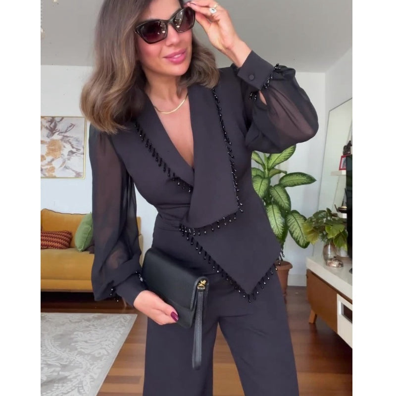 Conjunto de pantalón y pantalón de malla de pierna ancha para mujer-ES