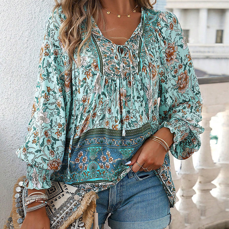【S-2XL】🌺Damska modna koszula z długim rękawem i nadrukiem w serek