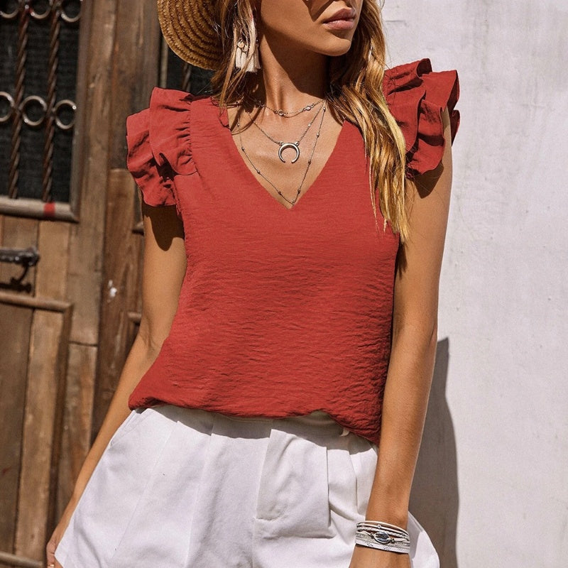 【S-2XL】👚Elastyczny top z falbanką bez rękawów z dekoltem w serek
