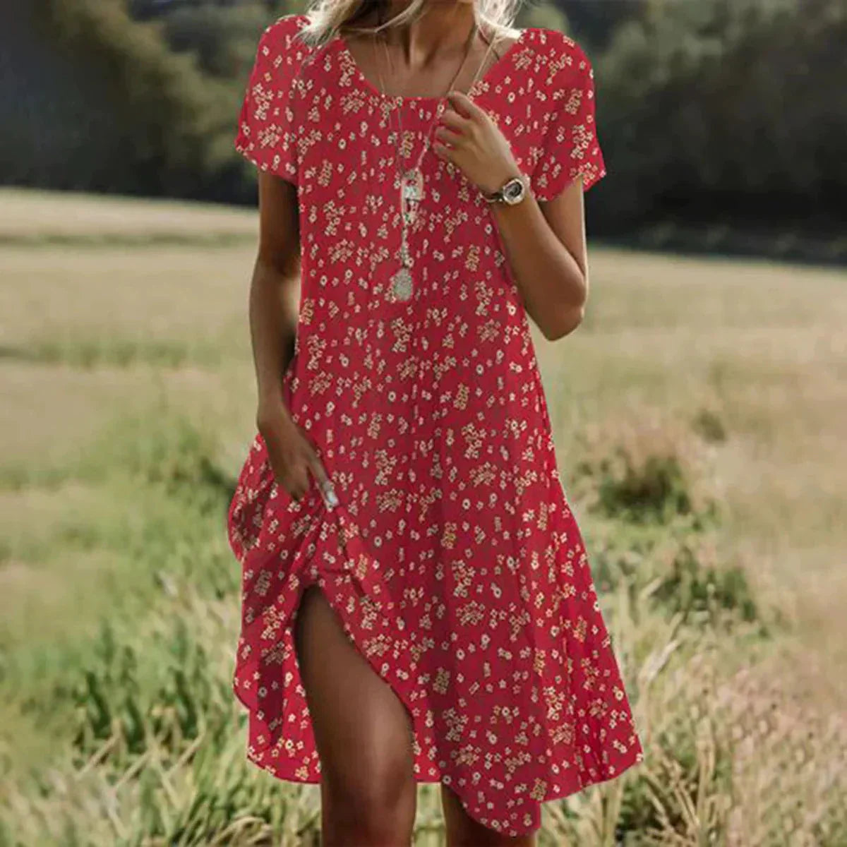 🌸Elegancka zielona sukienka midi z krótkim rękawem w kropki