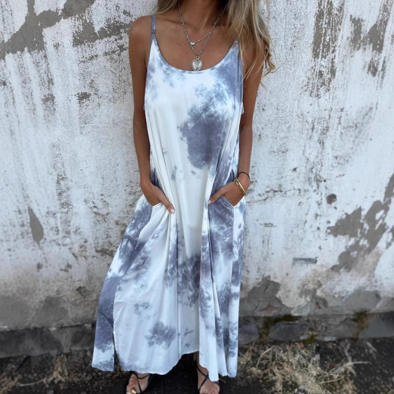 Sukienka damska tie-dye z nadrukiem i gradientem kolorów na ramiączkach typu spaghetti