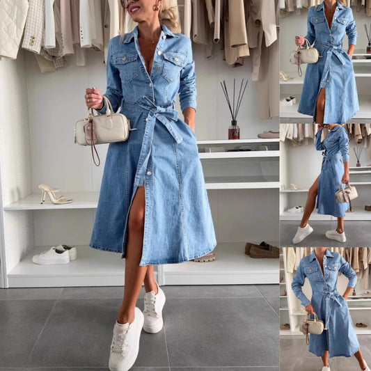 ✨Damska sukienka jeansowa z długimi rękawami i guzikami👗