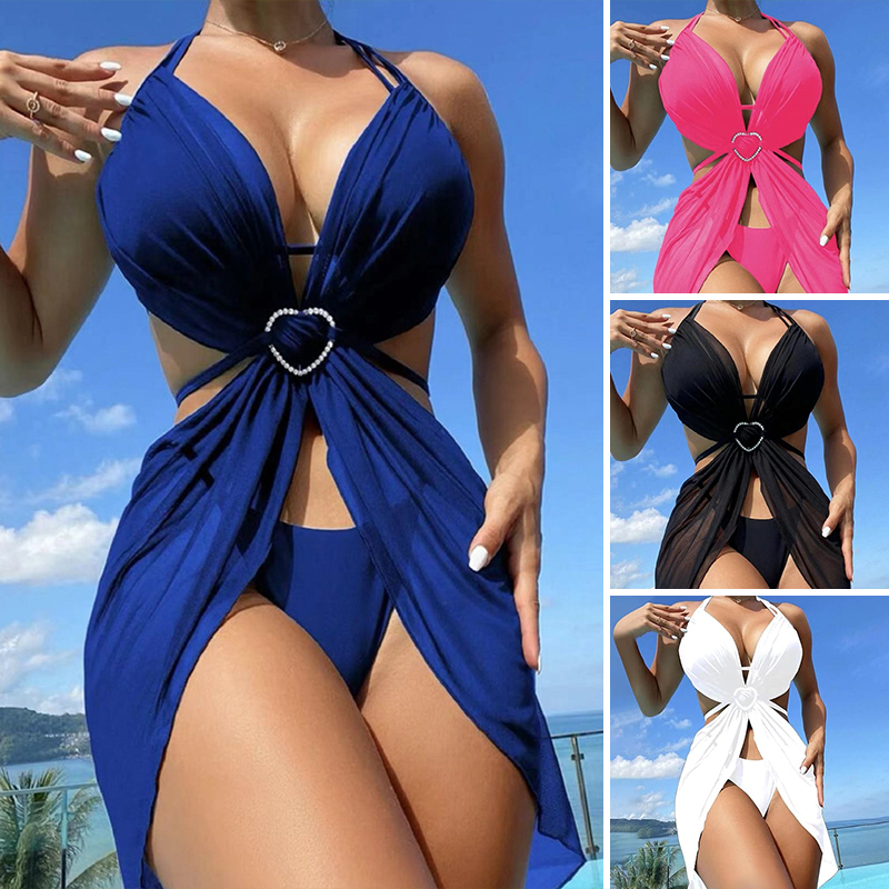 ✨Naszyjnik z krzyżem i koroną👑👙Komplet bikini bez ramiączek w jednolitym kolorze, 3 częściowy