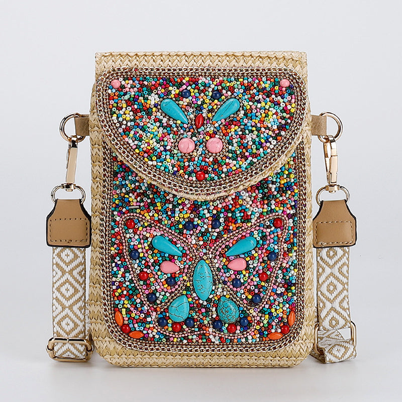 Boho Chic Mała Słomiana Torebka z Koralikami