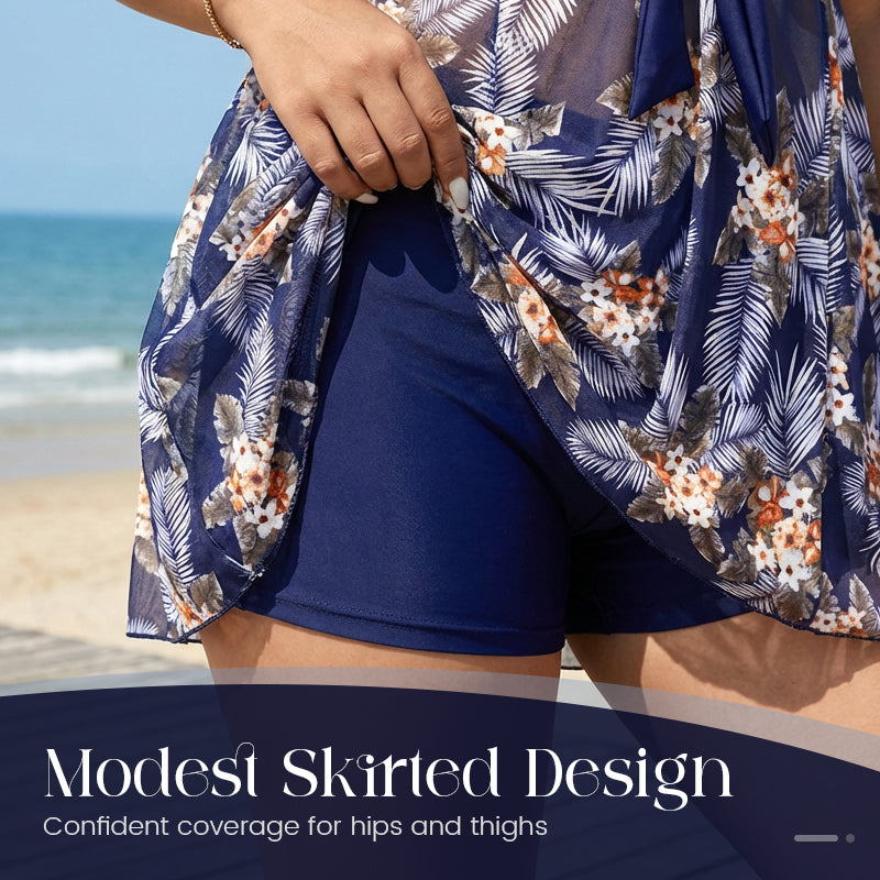 🩱 2-częściowy zestaw kostiumu kąpielowego dla kobiet o pełnych kształtach | Modelujący brzuch, elegancki design ze spódniczką